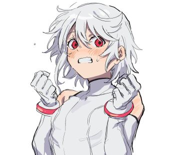 Rule 34 | 1girl, bare shoulders, bracelet, clenched teeth, elbow gloves, gloves, heart-shift bracelets, highres, jewelry, leotard, looking at viewer, no eyewear, open mouth, short hair, shy (character), shy (series), simple background, sweat, takatisakana, teeth, white background, white gloves, white hair, white leotard