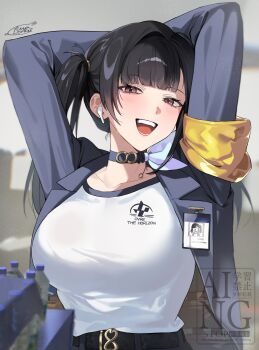 1girl absurdres airpods armband arms_behind_head belt black_choker black_hair blush bottle breasts choker collarbone earbuds earphones fuwausagi01 goddess_of_victory:_nikke highres id_card jacket large_breasts long_hair looking_at_viewer open_clothes open_jacket open_mouth red_eyes shirt single_earphone smile solo sora_(nikke) teeth twintails upper_body water_bottle white_shirt wireless_earphones yellow_armband