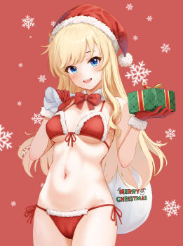 1girl bare_shoulders bikini blonde_hair blue_eyes blush breasts ca_paria cameltoe christmas cleavage front-tie_bikini_top front-tie_top fur-trimmed_bikini fur-trimmed_gloves fur-trimmed_headwear fur_trim gift gloves hat highres holding holding_sack idolmaster idolmaster_cinderella_girls long_hair looking_at_viewer medium_breasts navel ohtsuki_yui open_mouth red_bikini red_gloves red_hat sack santa_bikini santa_costume santa_hat smile solo swimsuit underboob wavy_hair wavy_sidelocks