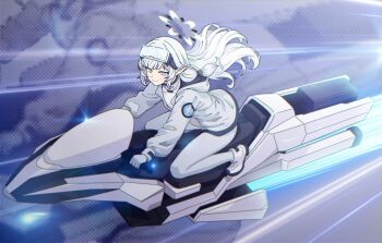 1girl blue_archive blunt_bangs earclip gloves goggles goggles_on_head halo highres himari_(blue_archive) himari_(bodysuit)_(blue_archive) jacket long_hair long_sleeves motor_vehicle night_vision_device official_alternate_costume open_clothes open_jacket pointy_ears purple_eyes riding samess_333 shirt shoes smile solo thrusters very_long_hair white_gloves white_halo white_jacket white_shirt white_shoes