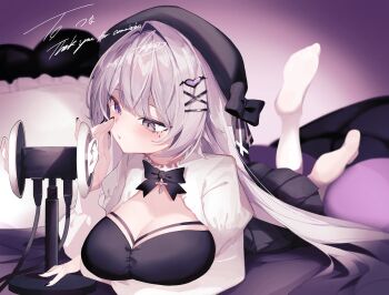1girl absurdres ankoro_mochi asmr binaural_microphone black_bow black_bowtie black_nails black_shirt black_skirt bow bowtie breasts cleavage commentary_request commission grey_eyes grey_hair hair_ornament heart heart_hair_ornament heterochromia highres indie_virtual_youtuber large_breasts long_hair long_sleeves lying microphone on_stomach pleated_skirt purple_eyes second-party_source shirt shrug_(clothing) skirt solo the_pose thighhighs virtual_youtuber whispering white_shrug white_thighhighs yuase_(vtuber)