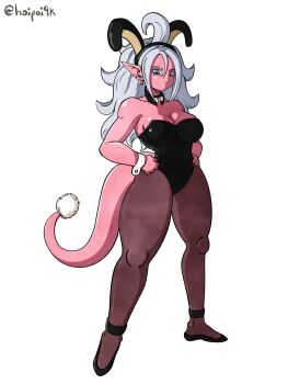 1girl android_21 android_21_(good) animal_ear_hairband animal_ears blue_eyes breasts cleavage colored_skin curvy detached_collar dragon_ball dragon_ball_fighterz earrings fake_animal_ears hairband hands_on_own_hips hoipoi9k jewelry large_breasts leotard long_hair looking_at_viewer majin_android_21 pantyhose pink_skin playboy_bunny pointy_ears rabbit_ear_hairband rabbit_ears rabbit_tail standing tail thick_thighs thighs twitter_username white_hair wrist_cuffs