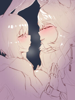 2girls absurdres amiya_(arknights) animal_ears arknights blush braid closed_eyes half-closed_eyes highres hitobashira_(1746164306) jewelry limited_palette lips long_hair looking_at_another multiple_girls palms_together pramanix_(arknights) rabbit_ears rabbit_girl ring short_hair size_difference sketch snow_leopard_ears snow_leopard_girl turtleneck yuri