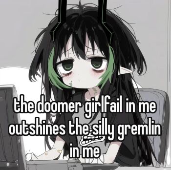 1girl artist_request bandaged_arm bandages bandaid_on_chest black_hair chair child computer elfinpsyop english_text horns indie_virtual_youtuber laptop long_hair mechanical_horns messy_hair no_nose pointy_ears sitting solo tired_eyes trollface virtual_youtuber