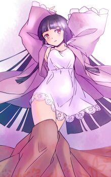 1girl arms_up black_hair blush commentary_request feet_out_of_frame houraisan_kaguya long_hair long_sleeves lying nightgown on_back one-hour_drawing_challenge open_clothes open_shirt parted_lips pink_background pink_nightgown pink_shirt rangycrow red_eyes red_skirt shirt sideways_glance skirt solo thighs touhou