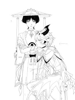 2boys ? animal_print armor bird_print blunt_ends bodysuit bow bridal_gauntlets closed_mouth coat covered_collarbone crossed_arms dragon_boy dragon_horns dragon_tail dragon_wings expressionless fingernails furisode genshin_impact greyscale hakama hakama_shorts hand_on_own_arm hat highres horns japanese_armor japanese_clothes jingasa kimono kote long_sleeves looking_at_viewer looking_to_the_side low_wings mandarin_collar middle_ring mini_durin_(genshin_impact) mini_durin_(human)_(genshin_impact) monochrome multiple_boys pants parted_bangs pleated_shorts rope sash scaramouche_(genshin_impact) short_sleeves shorts shoulder_peek sitting spiked_tail stool tail tassel te1081 twitter_username wanderer_(genshin_impact) white_background wings wispy_bangs