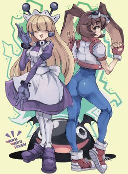 2girls :p ando606mph apron ass back bat_wings blonde_hair blue_leotard breasts brown_hair character_request covered_eyes creature fernandez fingerless_gloves full_body gloves highres jacket leotard long_hair looking_back maid maid_headdress makihara_arina medium_breasts multiple_girls nails pants shoes skirt slime smile sneakers sunsoft tesse tongue tongue_out v very_long_hair waku_waku_7 wings yellow_background