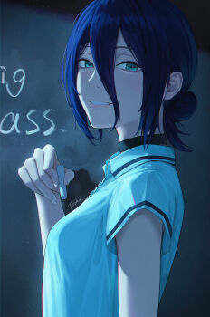 1girl absurdres artist_name black_choker breasts chainsaw_man chalk chalkboard choker green_eyes hair_between_eyes hair_bun highres looking_at_viewer reze_(chainsaw_man) shirt short_sleeves signature single_hair_bun smile solo tooku0 upper_body white_shirt