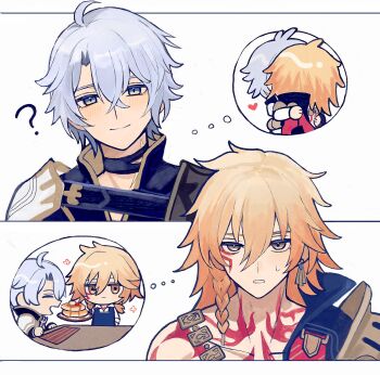 Rule 34 | 2boys, ?, antenna hair, arm tattoo, armlet, armor, black choker, black coat, black shirt, blonde hair, blue eyes, blush, braid, chest tattoo, chibi, choker, coat, commentary request, earrings, facial tattoo, gold earrings, gold necklace, gradient hair, highres, honkai: star rail, honkai (series), hug, jewelry, male focus, medium hair, multicolored hair, multiple boys, mydei (honkai: star rail), neck tattoo, necklace, open clothes, open coat, parted bangs, pauldrons, phainon (honkai: star rail), red hair, red tattoo, shirt, short hair, shoulder armor, side braid, single pauldron, spoken character, st mf, sun symbol, sun tattoo, sweatdrop, tan, tattoo, white coat, white hair, yaoi, yellow eyes