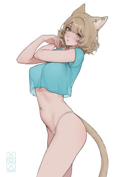 1girl absurdres animal_ear_piercing animal_ears blonde_hair blue_shirt body_freckles breasts cat_ears cat_girl cat_tail crop_top face_piercing freckles green_eyes highres large_breasts looking_at_viewer navel_piercing nose_piercing original panties piercing quilm shirt short_hair simple_background solo tail underwear white_background white_panties