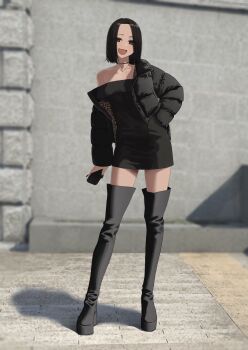 1girl black_boots black_choker black_dress black_hair black_jacket black_nails boots cellphone choker collarbone commentary dress fingernails forehead full_body hand_in_pocket hara_kenshi highres holding holding_phone jacket jewelry looking_at_viewer mole mole_on_collarbone nail_polish necklace off-shoulder_dress off_shoulder open_clothes open_jacket original outdoors padded_jacket phone platform_boots shadow short_hair single_bare_shoulder smartphone smile solo thigh_boots