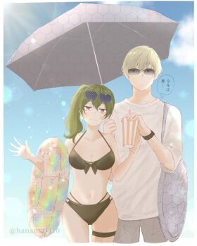 1boy 1girl bikini blonde_hair breasts brown_eyes cleavage cloud commentary_request cup disposable_cup eyewear_on_head green_bikini grey_hair hana_(hanauta1110) heart heart-shaped_eyewear height_difference highres holding holding_cup holding_swim_ring holding_umbrella innertube land_(sousou_no_frieren) lens_flare medium_breasts navel purple_eyes shirt smile sousou_no_frieren sunglasses swim_ring swimsuit thigh_strap twitter_username ubel_(sousou_no_frieren) umbrella watch white_shirt wristwatch