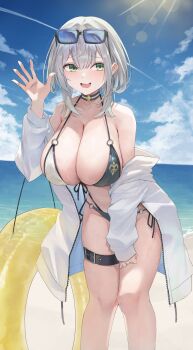 1girl absurdres bare_shoulders beach belt bikini black_belt blue_bikini blue_sky breasts cloud day eyewear_on_head feet_out_of_frame front-tie_bikini_top front-tie_top furrowed_brow green_eyes grey_hair hair_between_eyes highleg highleg_bikini highres hololive innertube jacket large_breasts layered_bikini leaning_forward lens light_blush light_rays long_sleeves looking_at_viewer multicolored_bikini o-ring o-ring_bikini o-ring_bottom o-ring_top ocean off_shoulder official_alternate_costume open_clothes open_jacket open_mouth outdoors riafel shirogane_noel shirogane_noel_(summer_2020) shore side-tie_bikini_bottom sky sleeves_past_wrists smile solo standing sunbeam sunglasses sunlight swim_ring swimsuit thigh_belt thigh_strap two-tone_bikini virtual_youtuber waving white_bikini white_jacket