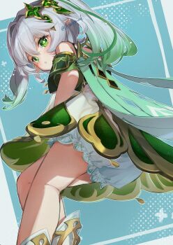 1girl :o bare_shoulders bloomers blue_background blush commentary detached_sleeves dress from_below from_side genshin_impact gold_trim gradient_hair green_eyes green_hair green_sleeves hair_between_eyes highres ikanago_eak long_hair looking_at_viewer looking_down looking_to_the_side multicolored_hair nahida_(genshin_impact) pointy_ears side_ponytail signature sleeveless sleeveless_dress solo star-shaped_pupils star_(symbol) symbol-shaped_pupils underwear white_bloomers white_dress white_hair