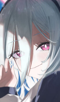 1girl absurdres black_hairband blue_archive blush bright_pupils closed_mouth commentary double-parted_bangs english_commentary eyelashes eyes_visible_through_hair film_grain fingernails hair_between_eyes hairband hand_up highres kei_(blue_archive) kei_(new_body)_(blue_archive) long_hair long_hair_between_eyes portrait red_eyes smile solo stickygluu tsurime white_hair white_pupils