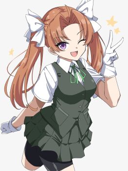 1girl ahoge bike_shorts bike_shorts_under_skirt black_vest breasts brown_hair green_ribbon grey_vest hair_ribbon highres kagerou_(kancolle) kagerou_kai_ni_(kancolle) kantai_collection long_hair looking_at_viewer neck_ribbon nittou_cafe one_eye_closed open_mouth pleated_skirt purple_eyes ribbon shirt short_sleeves shorts shorts_under_skirt skirt smile solo twintails v vest white_background white_ribbon white_shirt