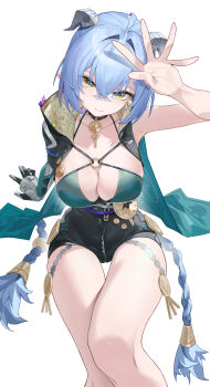 1girl absurdres arm_up black_choker black_leotard blue_hair braid breasts choker cleavage closed_mouth collarbone feet_out_of_frame freeeeeeeeeee hair_between_eyes highres horns large_breasts leotard long_hair looking_at_viewer lucia_elowen missing_commentary mole mole_on_shoulder pendant_choker simple_background sitting smile solo thigh_gap thighs very_long_hair white_background yellow_eyes zenless_zone_zero