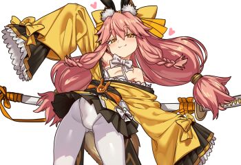 1girl absurdres animal_ears arm_up blush breasts ebora fate/samurai_remnant fate_(series) highres japanese_clothes katana kimono leotard long_hair looking_at_viewer pantyhose pink_hair playboy_bunny rabbit_ears small_breasts smile sword tamamo_aria_(fate) weapon white_background white_leotard white_pantyhose yellow_eyes yellow_kimono