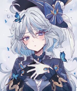 1girl ahoge asymmetrical_gloves black_gloves blue_bow blue_butterfly blue_eyes blue_gemstone blue_hair blue_hat blue_jacket blush bow bug butterfly closed_mouth commentary commentary_request drop-shaped_pupils english_commentary furina_(genshin_impact) gem genshin_impact gloves hair_between_eyes hair_intakes hat hat_bow heterochromia highres insect jacket korean_commentary long_hair long_sleeves looking_at_viewer mismatched_gloves mismatched_pupils mixed-language_commentary multicolored_hair own_hands_together solo streaked_hair symbol-shaped_pupils upper_body vanillashiii wavy_hair white_gloves white_hair