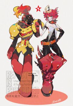 Rule 34 | 1girl, 1other, ahoge, armarouge, bare shoulders, black gloves, black pants, boots, breasts, cleavage, commentary request, elbow gloves, full body, gloves, green eyes, highres, holding hands, kawasaki (kwsk 8765), mela (pokemon), nintendo, pants, pokemon, pokemon sv, red boots, red hair, shirt, short hair, smile, standing, strapless, strapless shirt, twitter username, watermark, white background, white shirt