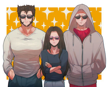 1girl 2boys beard brown_hair closed_mouth commentary_request crossed_arms deadpool deadpool_&amp;_wolverine deadpool_(series) doghooouse facial_hair hands_in_pockets highres hood hood_up large_pectorals laura_kinney long_hair long_sleeves marvel marvel multiple_boys muscular muscular_male pectorals red_shirt scar scars_all_over shirt short_hair sparkle sunglasses too_many veins veiny_arms wolverine_(x-men) x-23 x-men