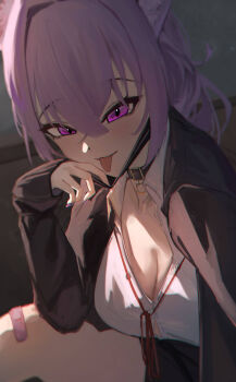 1girl :p absurdres animal_collar bandaid bandaid_on_knee bandaid_on_leg black_cardigan black_collar black_skirt breasts button_gap cardigan cat_girl cleavage collar commentary crossed_bangs double-parted_bangs hair_between_eyes hand_up highres hololive long_hair looking_at_viewer mask mask_pull miniskirt mouth_mask neck_ribbon nekomata_okayu nekomata_okayu_(oversized_shirt) official_alternate_costume partially_unbuttoned pendant_collar pitespear ponytail purple_eyes purple_hair red_ribbon ribbon shirt skirt sleeves_past_wrists solo tongue tongue_out virtual_youtuber white_shirt