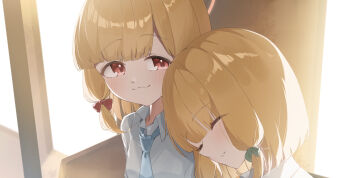 2girls :3 absurdres backlighting blonde_hair blue_archive blue_necktie blunt_bangs blush bow closed_eyes closed_mouth collared_shirt commentary dress_shirt film_grain green_bow hair_bow halo highres ixia559 leaning_on_person leaning_to_the_side looking_at_another medium_hair midori_(blue_archive) momoi_(blue_archive) multiple_girls necktie no_headwear pink_halo portrait red_bow red_eyes school_uniform shirt siblings sidelocks sisters sleeping smile tareme twins twitter_username upper_body white_shirt