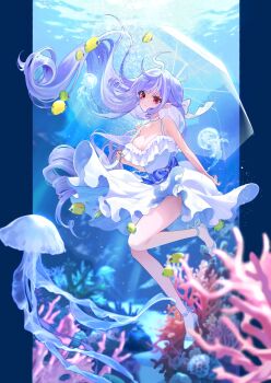 Rule 34 | 1girl, ahoge, blue bow, blue gemstone, blue nails, bow, breasts, cleavage, closed mouth, commentary, coral, day, dress, duplicate, fingernails, fish, floating hair, gem, high heels, highres, holding, holding umbrella, jellyfish, long hair, looking at viewer, mole, mole under eye, mumu 0221, nail polish, pixel-perfect duplicate, purple hair, red eyes, shoes, solo, spread legs, umbrella, underwater, very long hair, vivian banshee, white dress, white shoes, zenless zone zero