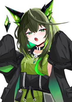 Rule 34 | 1girl, :o, ahoge, arknights, black hair, black jacket, bright pupils, colored inner hair, commentary, crystal, fang, green eyes, green hair, green jacket, green sash, hair between eyes, hands up, highres, huge ahoge, jacket, light blush, long hair, looking at viewer, mon3tr (arknights), multicolored hair, open mouth, sari (zakura27502762), sash, simple background, sleeves past fingers, sleeves past wrists, solo, two-sided fabric, two-sided jacket, upper body, white background, white pupils, zipper, zipper pull tab