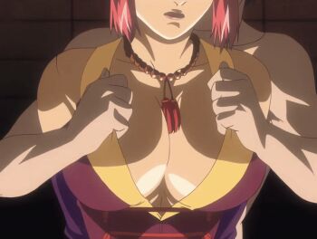 00s 1boy 1girl 2007 animated animated_gif assisted_exposure bare_shoulders bead_necklace beads bible_black bible_black_new_testament bouncing_breasts breasts cleavage detached_sleeves grabbing_another&#039;s_breast grope_from_behind groping groping_breast hetero huge_breasts jewelry large_breasts lipstick long_sleeves makeup mature_female monk necklace night nipples red_hair revealing_clothes sash shin_bible_black short_hair tagme takashiro_hiroko topless_female undressing upper_body