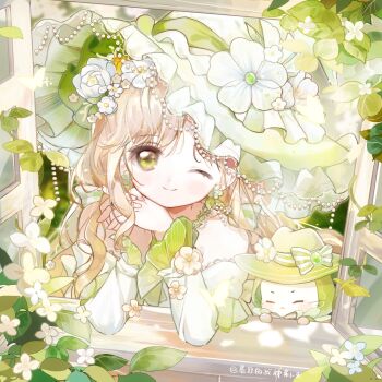 1girl animal artist_name baonu_de_zhanshen_caibutou bare_shoulders bead_necklace beads bow bowler_hat bowtie brown_hair cat chinese_commentary cloak closed_eyes clothed_animal collarbone commentary_request day dress earrings eyelashes flower flower_earrings frilled_headwear frilled_sleeves frills green_bow green_bowtie green_cloak green_dress green_eyes green_flower green_hat green_theme hair_bow hair_flower hair_ornament happy hat hat_bow hat_flower highres infinity_nikki interlocked_fingers jewelry layered_sleeves light_particles long_hair long_sleeves low_twintails making-of_available momo_(nikki) necklace nikki_(series) official_alternate_costume one_eye_closed open_window own_hands_together rainfall_&amp;_blossoms_(infinity_nikki) rose short_over_long_sleeves short_sleeves sidelocks single_stripe solo striped_bow striped_bowtie striped_clothes tareme twintails two-tone_bow upper_body very_long_hair wavy_hair white_bow white_cat white_flower window witch witch_hat yellow_flower yellow_rose