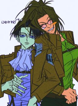 1boy 1girl ascot black_hair black_pants blush_stickers breasts brown_hair brown_jacket closed_eyes collared_shirt cropped_jacket furrowed_brow glasses green_shirt grin hange_zoe highres jacket levi_(shingeki_no_kyojin) locked_arms medium_breasts medium_hair military_jacket pants parted_bangs ponytail shingeki_no_kyojin shirt short_hair single_blush_sticker smile survey_corps_(emblem) suspenders teeth upper_body white_ascot white_background white_shirt z1png