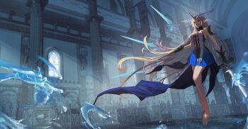 1girl absurdres barefoot black_dress blonde_hair breasts commentary crown_of_thorns dress earrings english_commentary fleurdelys_(wuthering_waves) floating floating_earrings floating_object floating_sword floating_weapon full_body highres holding holding_sword holding_weapon horns indoors jewelry lany-yuyu-1097 large_breasts long_hair long_horns multiple_swords pointy_ears sidelocks single_horn solo sword tabard very_long_hair weapon white_tabard wuthering_waves yellow_horns