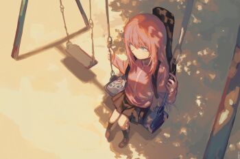 1girl black_socks blue_eyes bocchi_the_rock! breasts brown_shoes cube_hair_ornament from_above full_body gotoh_hitori guitar guitar_case hair_between_eyes hair_ornament highres instrument instrument_case jacket large_breasts light_rays long_hair looking_to_the_side miniskirt on_swing outdoors park pink_hair pink_jacket pleated_skirt shoes sitting skirt socks swing track_jacket yuugurin