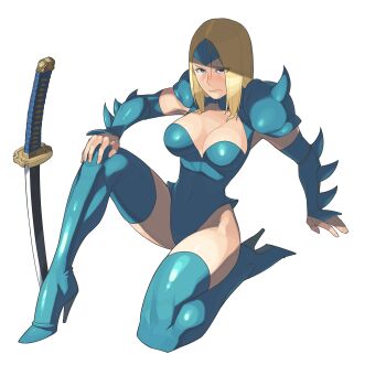 1girl armor baka_guruo blonde_hair blue_eyes blue_leotard blue_thighhighs blush breasts detached_sleeves full_body highres katana large_breasts leotard long_hair marvel mizuki_(punisher) pauldrons revealing_clothes shiny_clothes shiny_skin shoulder_armor simple_background solo spiked_armor spiked_pauldrons spikes strapless strapless_leotard sword the_punisher_(series) thighhighs transparent_background weapon