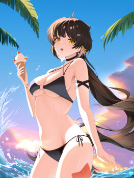 1girl absurdres bare_shoulders bikini black_bikini black_hair blue_sky breasts cleavage colored_inner_hair commentary day drawing_qka earrings female_rover_(wuthering_waves) hair_ornament hair_ribbon hairclip highres holding holding_ice_cream_cone ice_cream_cone jewelry long_hair looking_at_viewer low_ponytail medium_breasts multicolored_hair o-ring o-ring_top open_mouth outdoors parallel_hairclips ponytail ribbon rover_(wuthering_waves) side-tie_bikini_bottom sky solo swimsuit tongue tongue_out very_long_hair wading wuthering_waves yellow_eyes yellow_ribbon