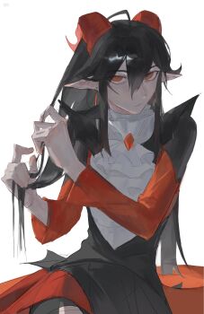 1girl ahoge ascot black_dress black_hair closed_mouth commentary dress hair_between_eyes highres horns long_hair long_sleeves looking_at_viewer multicolored_dress original phyriaxi playing_with_own_hair pointy_ears red_dress red_eyes red_horns simple_background solo two-tone_dress upper_body white_ascot white_background