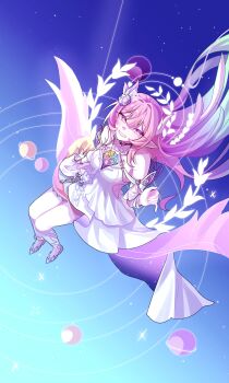 1girl absurdres aqua_hair bare_shoulders blue_background breasts commentary_request cyrene_(demiurge)_(honkai:_star_rail) cyrene_(honkai:_star_rail) diamond-shaped_pupils diamond_(shape) dress floating_hair flower from_above full_body gradient_hair grin hair_flower hair_ornament halo halo_behind_head hand_up highres honkai:_star_rail honkai_(series) long_hair looking_at_viewer looking_up medium_breasts multicolored_hair on_swing pink_hair pointy_ears purple_eyes s9897907160915 shoes sitting smile solo swing symbol-shaped_pupils very_long_hair white_dress white_hair