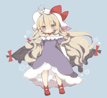 Rule 34 | 1girl, blonde hair, blue background, blue eyes, bow, choker, closed mouth, commentary request, dated, dress, elbow gloves, full body, gap (touhou), gloves, hair bow, hat, hat bow, long hair, mob cap, puffy short sleeves, puffy sleeves, purple dress, red bow, red ribbon, red shoes, ribbon, ribbon choker, shoes, short sleeves, signature, smile, solo, standing, touhou, very long hair, white gloves, white hat, yaco (nuitnotte), yakumo yukari
