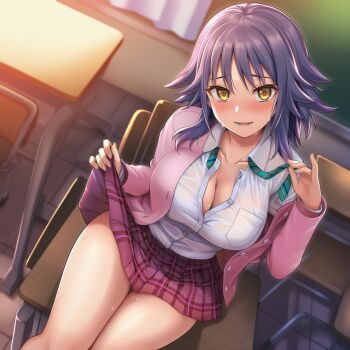 Rule 34 | blush, breasts, cleavage, clothes lift, commentary request, looking at viewer, loose necktie, makoto (princess connect!), makoto (real) (princess connect!), necktie, okasa re taii, partial commentary, princess connect!, school uniform, skirt, skirt lift, sweat, thighs