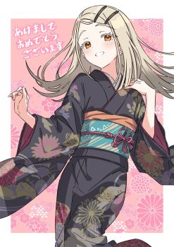 1girl black_kimono blonde_hair blush border colored_eyelashes commentary_request cowboy_shot earrings flipped_hair floral_print floral_print_kimono gakuen_idolmaster gradient_hair grey_hair hair_ornament hairclip hand_on_own_chest highres idolmaster japanese_clothes jewelry kikumon kimono kousuke0912 long_hair long_sleeves looking_at_viewer multicolored_hair obi obiage obijime open_mouth orange_eyes parallel_hairclips pink_background print_kimono sash shinosawa_hiro smile solo stud_earrings swept_bangs translation_request white_border wide_sleeves