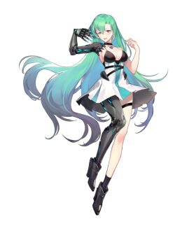 1girl ankle_boots armored_boots artist_request belt black_belt black_boots black_choker black_straps boots breasts choker cleavage dress final_gear full_body green_hair hair_between_eyes hair_intakes long_hair looking_at_viewer mechanical_arms mechanical_hands mechanical_legs medium_breasts mismatched_pupils multicolored_eyes official_art pleated_dress selah_(final_gear) simple_background single_mechanical_arm single_mechanical_hand single_mechanical_leg solo spaghetti_strap tachi-e thigh_strap third-party_source tongue transparent_background two-tone_eyes very_long_hair white_dress