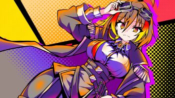 Rule 34 | 1girl, ahoge, black coat, black pants, black skirt, breasts, brown hair, coat, collared shirt, curious, dutch angle, frown, goggles, halftone, halftone background, hand on own hip, head tilt, highres, holding, holding goggles, large breasts, long sleeves, medium hair, messy hair, orange eyes, original, pants, shachikowa40612, shirt, skirt, sleeves rolled up, solo, spiked hair, thick eyelashes, tight clothes, white shirt