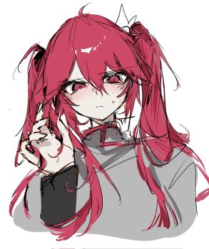 Rule 34 | 1girl, ahoge, alternate hair length, alternate hairstyle, blush, closed mouth, collared shirt, embarrassed, grey shirt, hair between eyes, hair ribbon, hand in own hair, hand up, highres, kasane teto, kasane teto (sv), long hair, red eyes, red hair, ribbon, shirt, simple background, solo, sweatdrop, synthesizer v, two side up, ummwa, white background, white ribbon