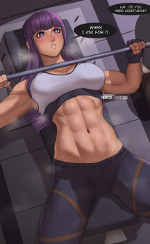 1girl abs barbell english_text exercising fern_(sousou_no_frieren) fingerless_gloves fluffydus gloves gym highres long_hair lying muscular muscular_female on_back patreon_username purple_eyes purple_hair signature solo sousou_no_frieren sweat tank_top toned weightlifting
