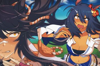 2girls absurdres animal_ears bandaid bandaid_on_face bandaid_on_nose bikini bikini_skirt black_hair blue_bikini blue_sky blush breasts choker circle_skirt cleavage clenched_teeth clothing_cutout cloud coat collarbone collared_coat commentary constricted_pupils cowboy_shot crescent crescent_hair_ornament dark-skinned_female dark_skin determined ear_scrunchie emphasis_lines fingernails flaming_eye frilled_skirt frills furrowed_brow gloves gold_ring grass grey_coat hair_between_eyes hair_ornament hairclip highres hishi_amazon_(azure_amazon)_(umamusume) hishi_amazon_(umamusume) horse_ears hwipa_(param_blue) large_breasts light_particles long_hair long_hair_between_eyes long_sleeves looking_at_another loose_hair_strand multicolored_bikini multiple_girls narita_brian_(maverick)_(umamusume) narita_brian_(umamusume) navel o-ring open_clothes open_coat pink_gloves pleated_skirt pleated_sleeves ponytail racing red_scrunchie rope running scrunchie shimenawa shoulder_cutout shoulder_pads sidelocks skirt sky stomach striped_clothes striped_scrunchie sweat swimsuit symbol-only_commentary teeth two-sided_sleeves two-tone_bikini umamusume upper_body very_long_hair white_bikini white_choker white_skirt wide_sleeves yellow_eyes