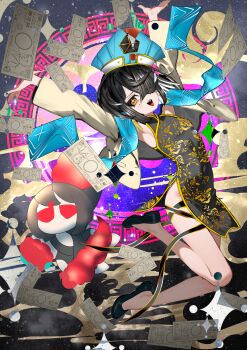 1girl absurdres alternate_costume banknote black_dress black_hair blue_hat breasts brown_eyes china_dress chinese_clothes dress fate/grand_order fate_(series) floral_print hair_ornament hair_over_one_eye hair_stick hat highres jacket kitsunebi44410 lady_yu_doll long_sleeves looking_at_viewer mole mole_under_eye money open_mouth pelvic_curtain sash short_hair side_slit small_breasts smile solo sparkling_eyes thigh_strap white_jacket xu_fu_(fate) xu_fu_(first_ascension)_(fate)