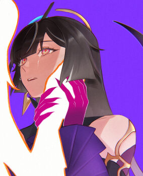 2girls bare_shoulders brown_hair commentary crying earrings english_commentary fingernails glowing green_eyes hair_ornament hand_on_another's_cheek hand_on_another's_face highres holding_another's_wrist honkai_(series) honkai_impact_3rd jewelry leylah_(honkai_impact) long_hair looking_at_another multiple_girls parted_lips pink_eyes plume.v purple_background purple_hands red_pupils senadina sharp_fingernails solo_focus streaming_tears tears teeth upper_teeth_only white_streaks yellow_pupils