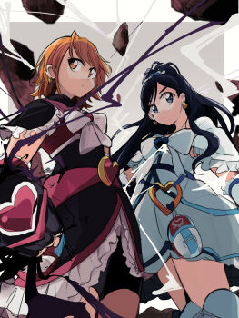 2girls bike_shorts black_dress black_gloves black_hair black_shorts blue_eyes bow bowtie brooch brown_eyes brown_hair clenched_hand cure_black cure_white dress earrings elbow_gloves fingerless_gloves futari_wa_precure gloves heart heart_brooch heart_earrings highres jewelry long_hair looking_at_viewer magical_girl misumi_nagisa multiple_girls pachio_(patioglass) pouch precure short_dress short_hair shorts shorts_under_dress side-by-side white_bow white_bowtie white_dress white_gloves