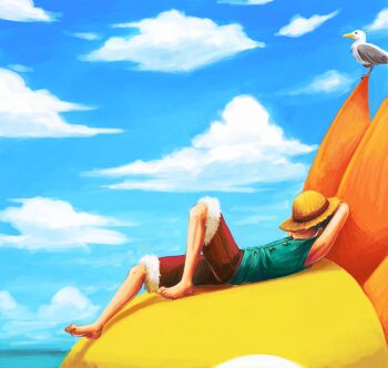 Rule 34 | 1boy, animal, arms behind head, bare shoulders, barefoot, bird, black hair, closed mouth, cloud, cloudy sky, commentary, covered eyes, day, english commentary, feriowind, full body, hat, hat over eyes, male focus, monkey d. luffy, official alternate costume, one piece, outdoors, red shorts, seagull, short hair, shorts, sky, sleeveless, solo, straw hat, thousand sunny